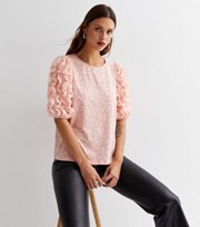 New Look Pale Pink Floral Jacquard 1/2 Ruffle Sleeve Top